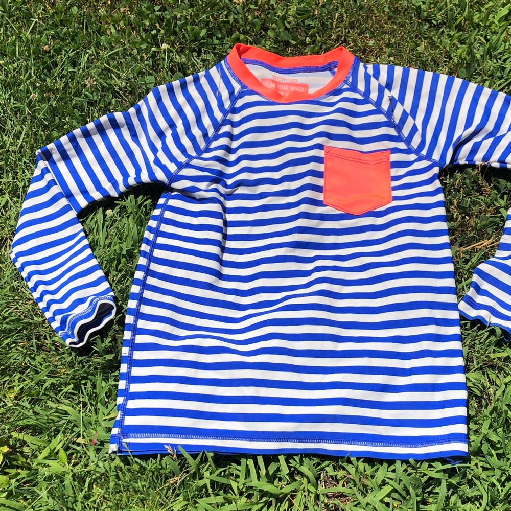 Crewcuts Blue & White Striped Rashguard with Coral Pocket and Neckline